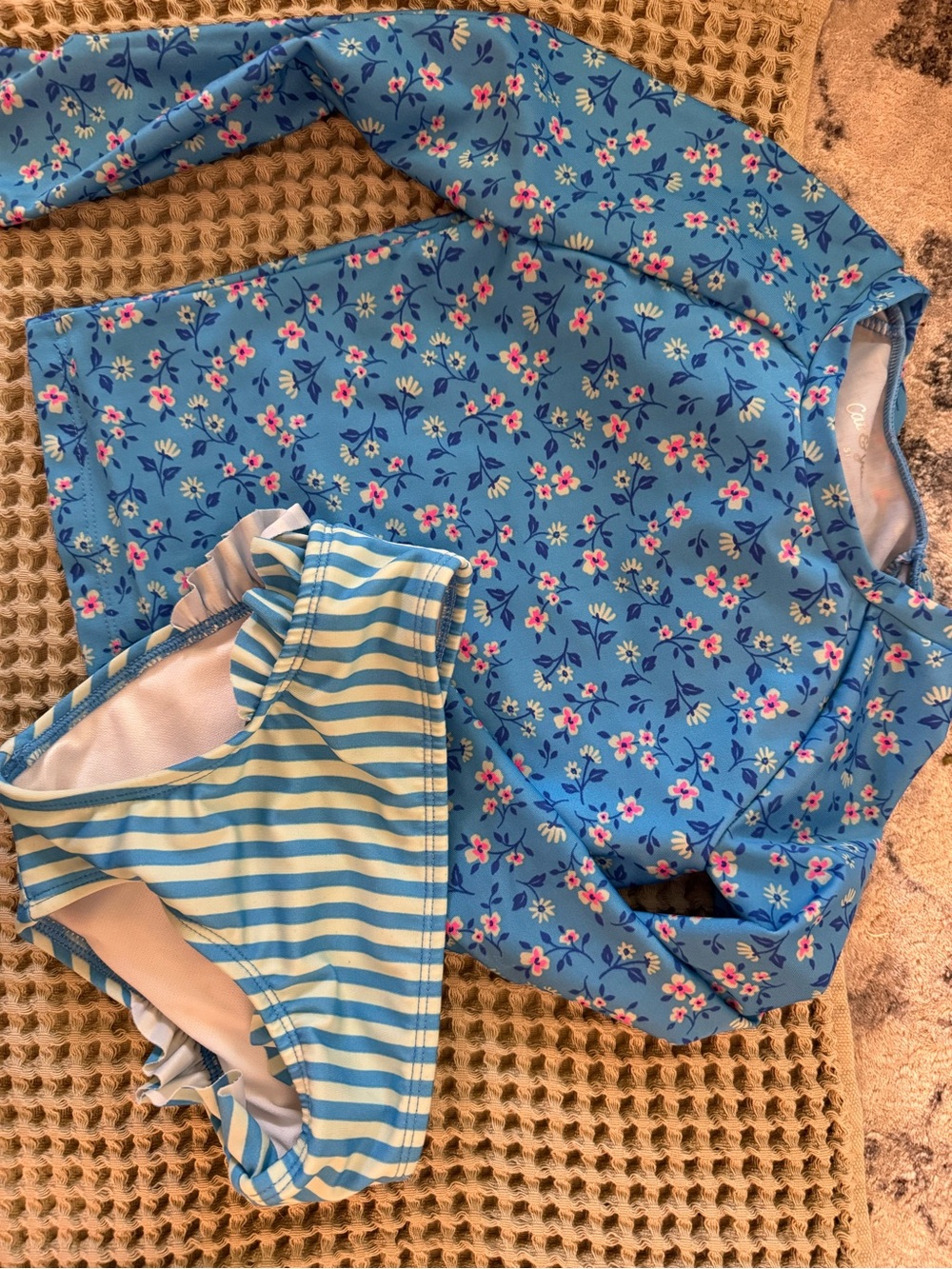 Girls Blue Floral Long-Sleeve Rash Guard Bathing Suit Set